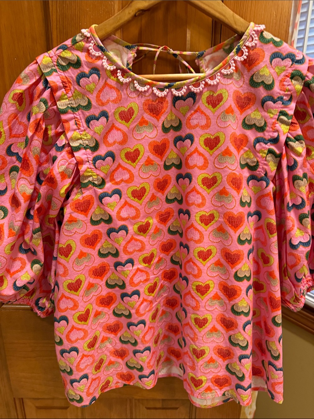 Emily Lovelock Pink Heart-Print Ruffle-Trim Blouse